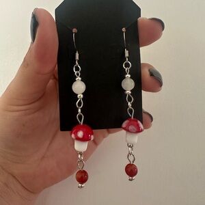 Whimsical Red and White Mushroom Earrings Featuring Quartz and Red Agate